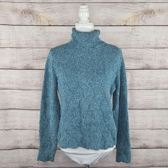 Sundance Silk Blend Blue Knit Champlain Scalloped Mock Neck Sweater XL Petite - Picture 1 of 8